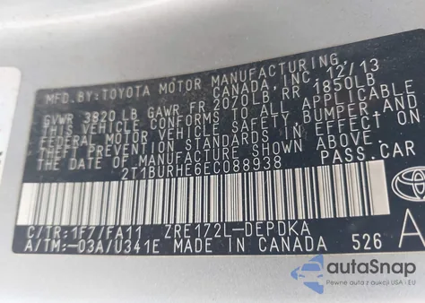 2014 Toyota Corolla L from USA, damaged, VIN 2T1BURHE6EC088938